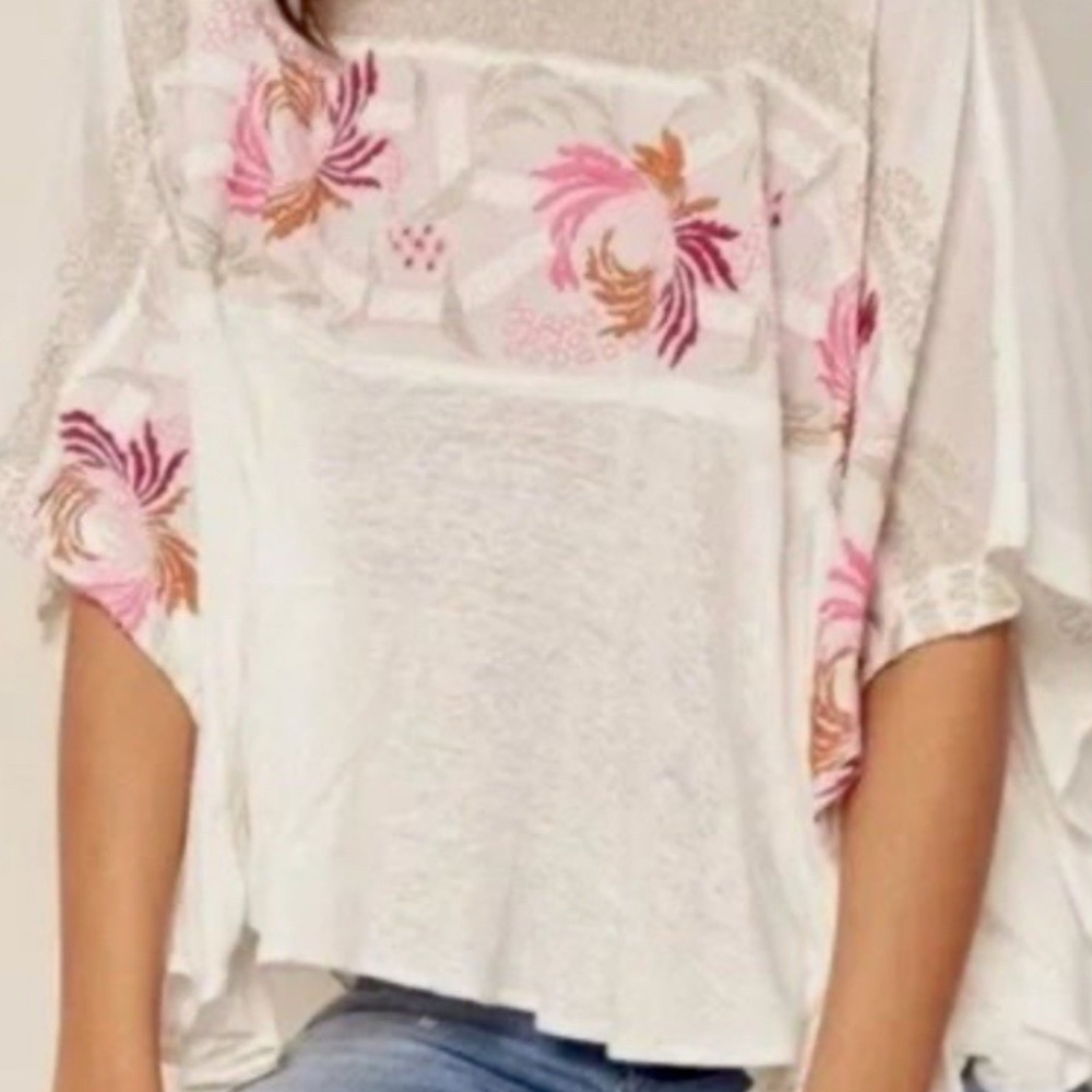 EUC Free‎ People white pink Flowy shirt ladies oversized linen embroidered